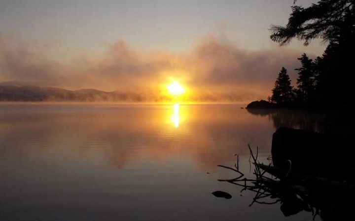 Fog rests above a calm body of water, as a yellow sun rises or sets on the horizon. On the right side of the photo, there is a shore lined with trees.